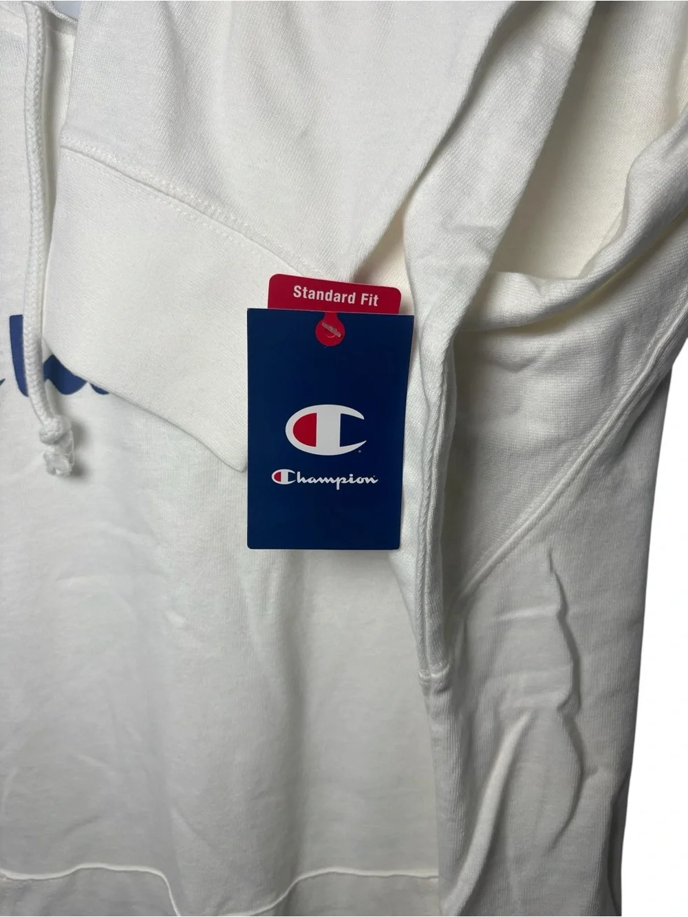 Champion Hoodie XL White Navy Logo Pullover Sweatshirt NWT Standard Fit